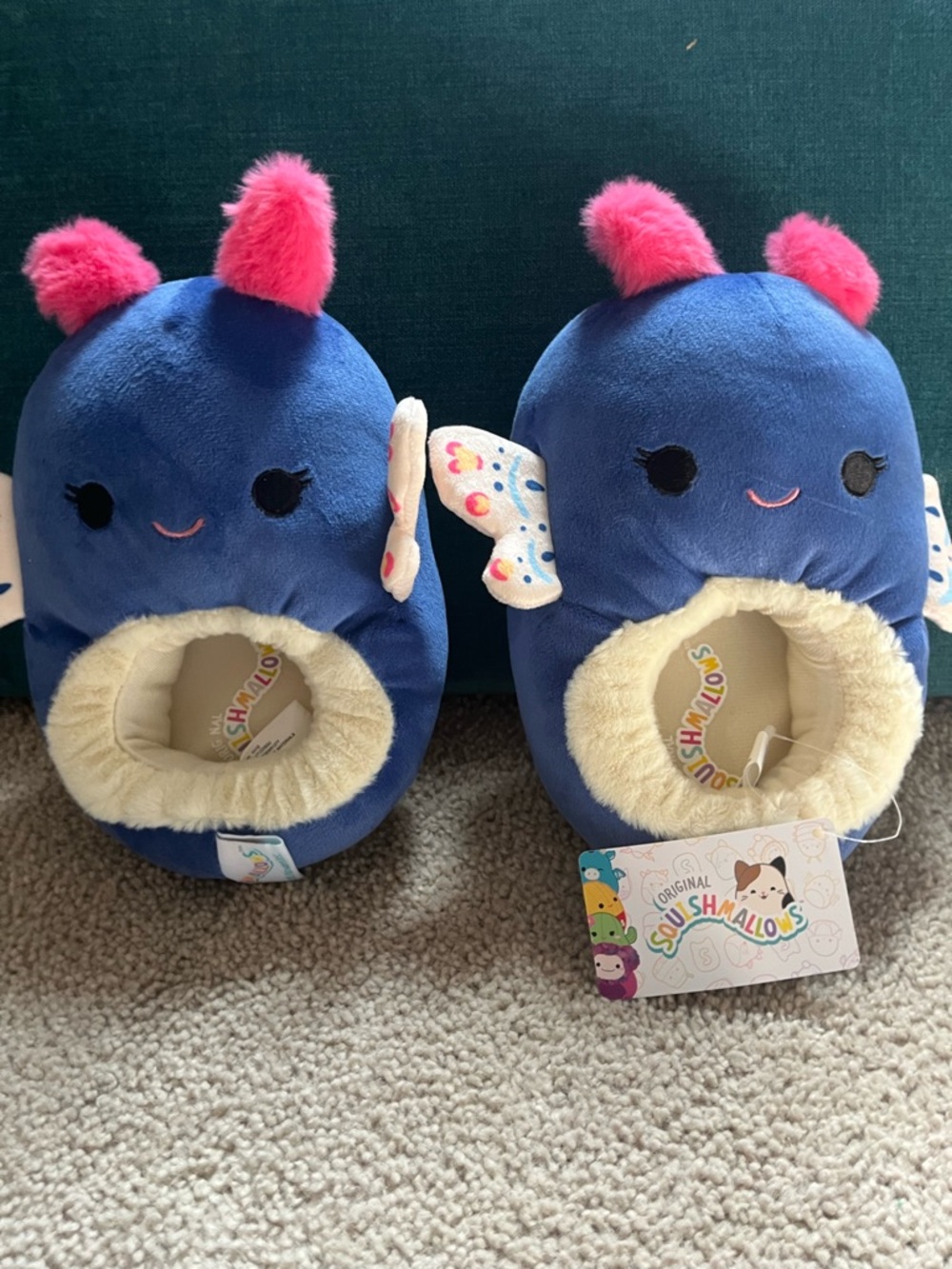 Squishmallows Moth or Butterfly Blue Plush Slippers with Pink Ears